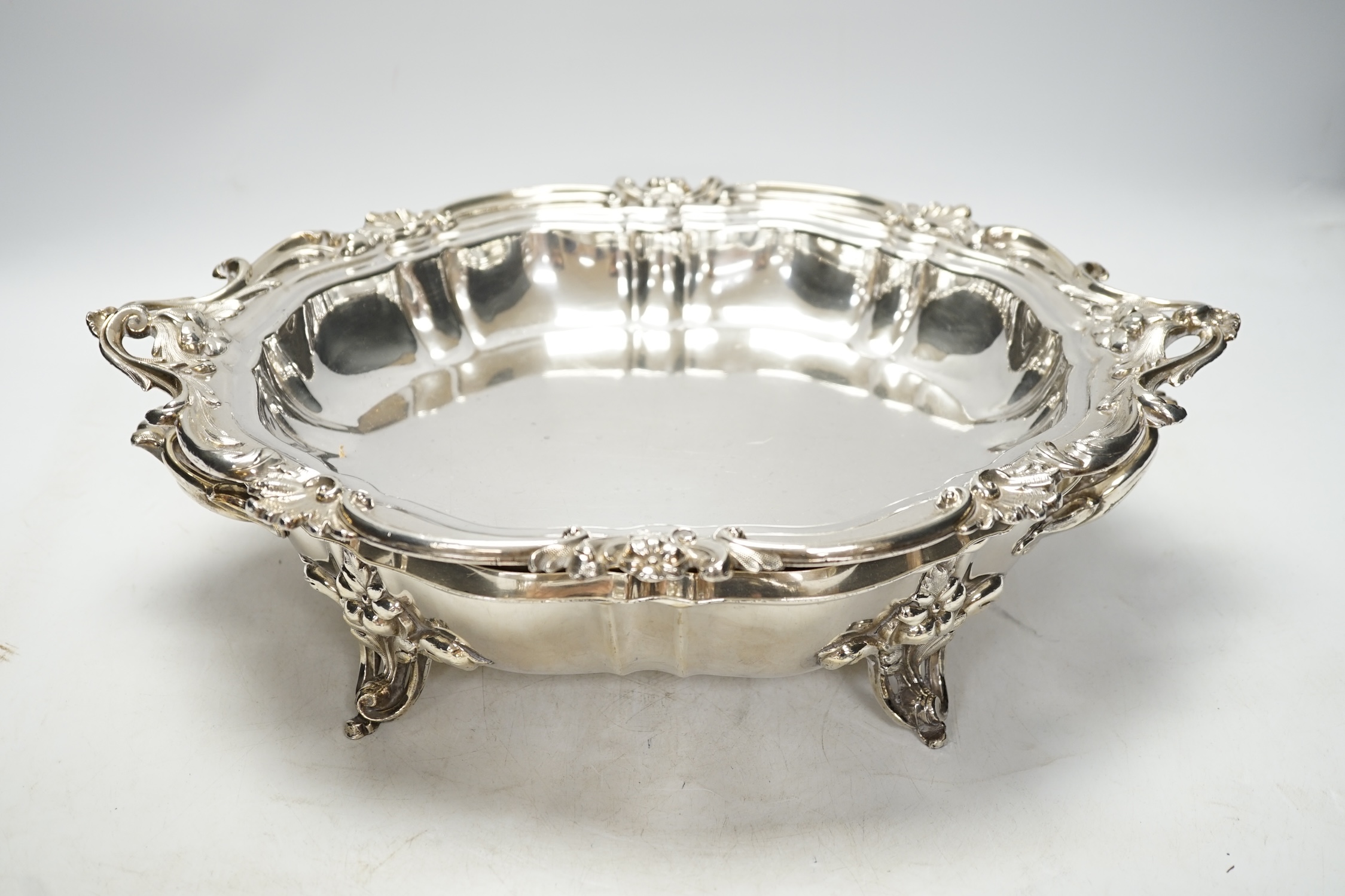 A Victorian Old Sheffield plate entrée dish, cover and warmer, 38cm wide. Condition - fair to good